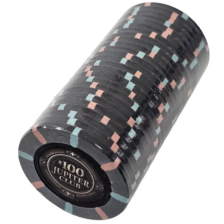 43mm size clay poker chip with 'Jupiter Club' branding on a white background - $100 denomination - roll of 25 chips