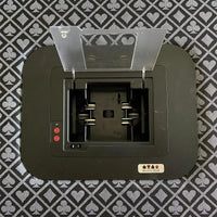 Shuffle Tech. Fully automatic card shuffler ST-1000 with flush mount kit installed in table, aerial view