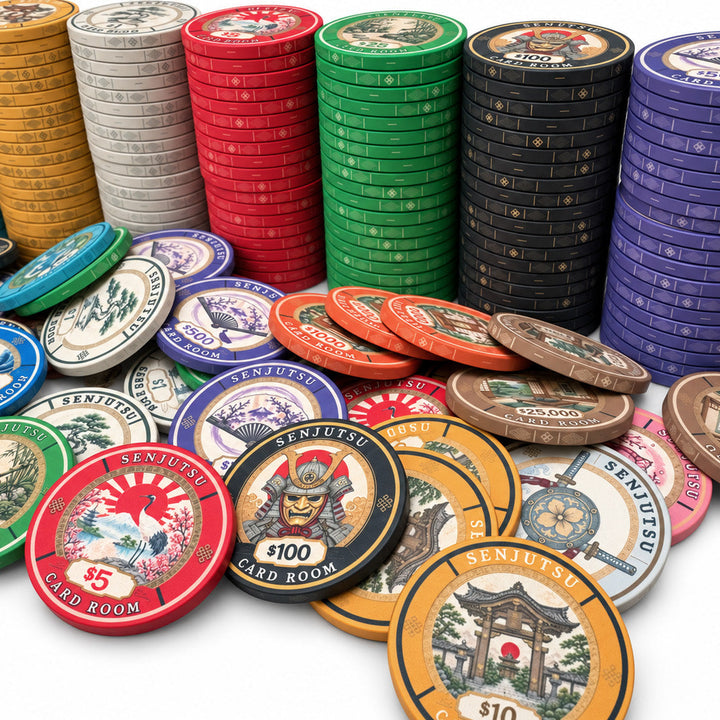 A collection of Senjutsu Card Room ceramic poker chips in stacks and piles on a white background, featuring various denominations and designs with Japanese-themed illustrations and text.
