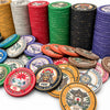 A collection of Senjutsu Card Room ceramic poker chips in stacks and piles on a white background, featuring various denominations and designs with Japanese-themed illustrations and text.