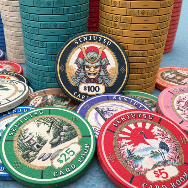 A collection of colorful Senjutsu Card Room casino ceramic poker chips in various denominations, including red, green, blue, gold, and pink, arranged on a white background with some stacked in the background.