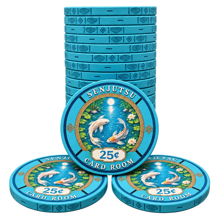 Three stacks of aqua Senjutsu card room 25-cent ceramic poker chips with a central koi fish illustration, displayed on a clean white background.