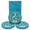 Three stacks of aqua Senjutsu card room 25-cent ceramic poker chips with a central koi fish illustration, displayed on a clean white background.