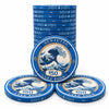 Stack of blue $50 Senjutsu Card Room ceramic poker chips arranged with one standing in the back and two lying in front, featuring a wave illustration inspired by Japanese art on a white background.