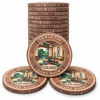Stack of brown ceramic poker chips featuring a Senjutsu card room design with a $25,000 denomination and an illustration of a traditional room.
