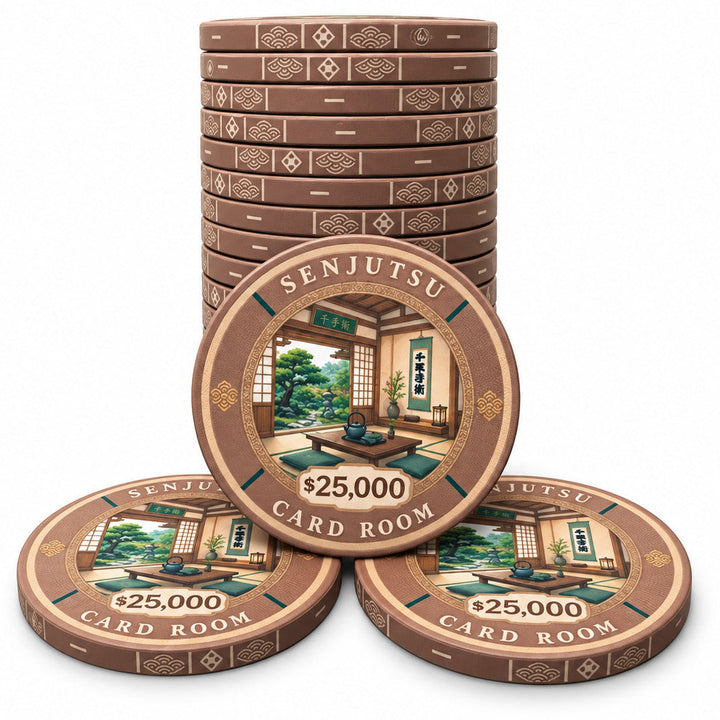 Stack of brown ceramic poker chips featuring a Senjutsu card room design with a $25,000 denomination and an illustration of a traditional room.