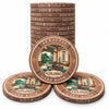 Stack of brown ceramic poker chips featuring a Senjutsu card room design with a $25,000 denomination and an illustration of a traditional room.