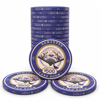 Stack of purple $500 Senjutsu card room ceramic chips with a central decorative fan illustration, displayed on a clean white background.