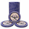 Stack of purple $500 Senjutsu card room ceramic chips with a central decorative fan illustration, displayed on a clean white background.