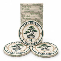 A stack of $1 Senjutsu card room ceramic poker chips with a green and beige design featuring a bonsai tree illustration, shown on a white background.