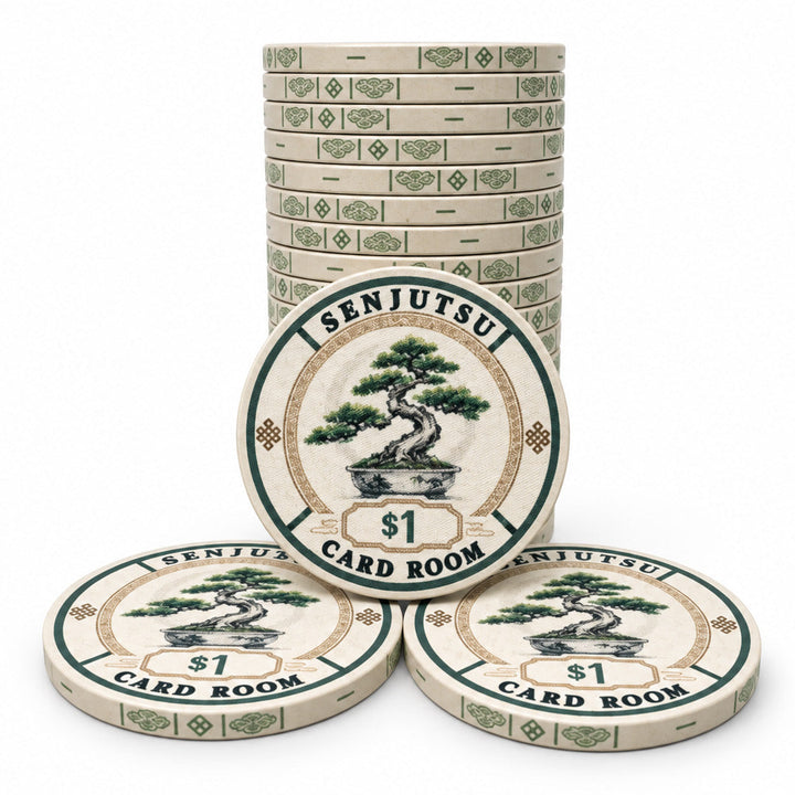 A stack of $1 Senjutsu card room ceramic poker chips with a green and beige design featuring a bonsai tree illustration, shown on a white background.