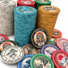 A collection of colorful Senjutsu Card Room ceramic poker chips and stacks of card money on a plain white background. The chips feature various designs, including Japanese wave art, cherry blossoms, and traditional motifs, with denominations such as $1, $25, $50, and $100 visible.