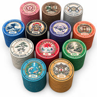 A set of 12 stacked poker chips in multiple colors and denominations, arranged on a plain white background. The chips feature illustrated Japanese scenery and text including 'SENJUTSU CARD ROOM' and various denominations.