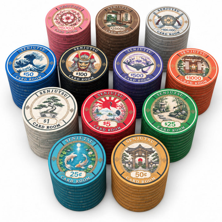 A set of 12 stacked poker chips in multiple colors and denominations, arranged on a plain white background. The chips feature illustrated Japanese scenery and text including 'SENJUTSU CARD ROOM' and various denominations.