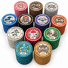 A set of 12 stacked poker chips in multiple colors and denominations, arranged on a plain white background. The chips feature illustrated Japanese scenery and text including 'SENJUTSU CARD ROOM' and various denominations.