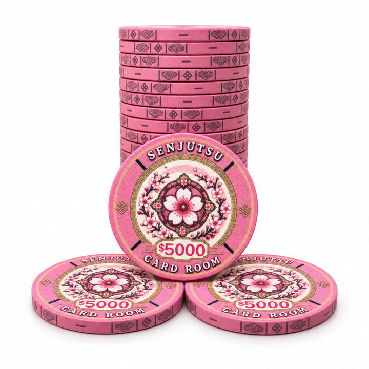 Stack of pink $5000 Senjutsu Card Room ceramic poker chips with a central floral chip design on a white background.