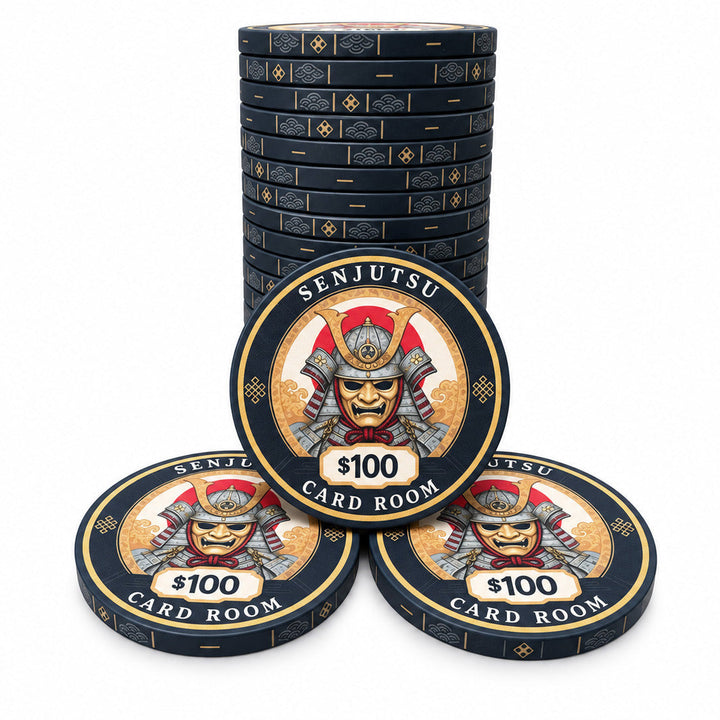 Stack of black $100 Senjutsu Card Room ceramic poker chips with a samurai helmet illustration on the front, set against a plain white background.