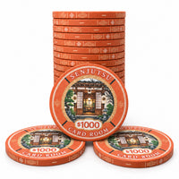 Stack of orange  $1000 Senjutsu card room ceramic poker chips with a central illustration of a temple, displayed on a clean white background.