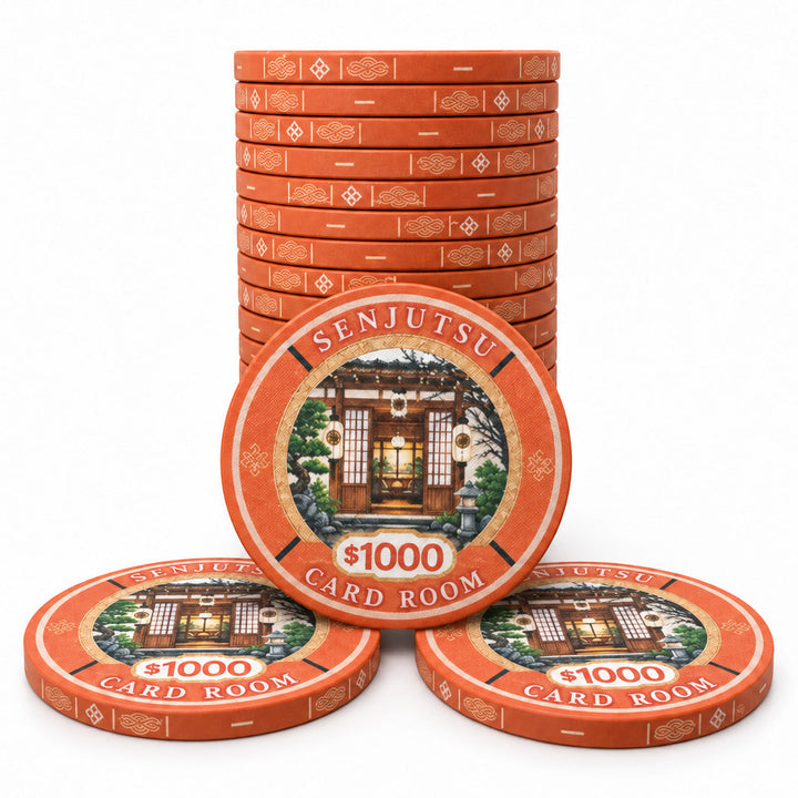 Stack of orange  $1000 Senjutsu card room ceramic poker chips with a central illustration of a temple, displayed on a clean white background.