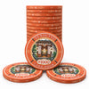Stack of orange  $1000 Senjutsu card room ceramic poker chips with a central illustration of a temple, displayed on a clean white background.