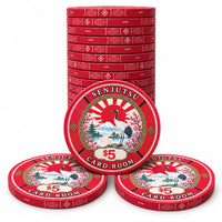 Stack of red $5 Senjutsu Card Room ceramic poker chips with a traditional Japanese design featuring a crane, mountains, and a rising sun, displayed on a clean white background.
