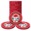 Stack of red $5 Senjutsu Card Room ceramic poker chips with a traditional Japanese design featuring a crane, mountains, and a rising sun, displayed on a clean white background.