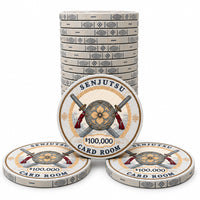 Stack of custom-designed gray Senjutsu Card Room ceramic poker chips, featuring a $100,000 denomination with a Japanese sword and plum blossom design. The image shows one stack of chips and three individual chips arranged in front on a clean white background.