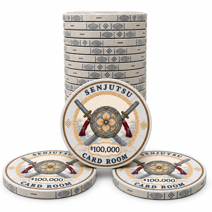 Stack of custom-designed gray Senjutsu Card Room ceramic poker chips, featuring a $100,000 denomination with a Japanese sword and plum blossom design. The image shows one stack of chips and three individual chips arranged in front on a clean white background.