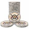 Stack of custom-designed gray Senjutsu Card Room ceramic poker chips, featuring a $100,000 denomination with a Japanese sword and plum blossom design. The image shows one stack of chips and three individual chips arranged in front on a clean white background.