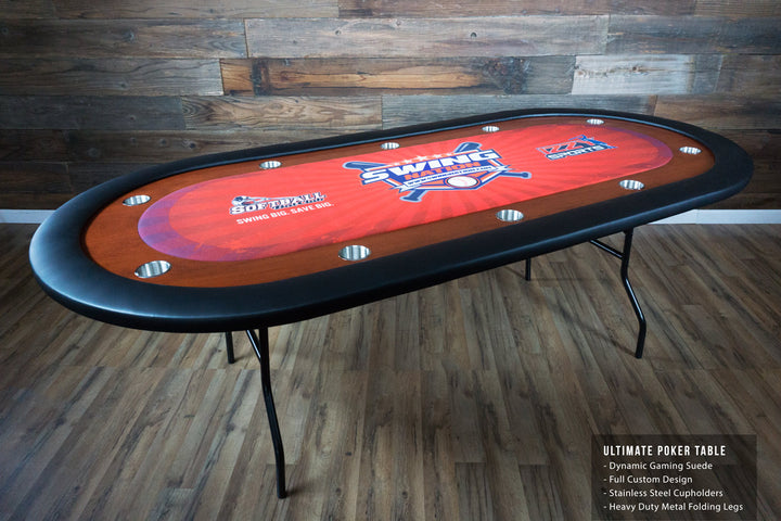 The Ultimate Custom Poker Table With Standard Black Vinyl Armrest, Stainless Steel Cupholders, and Custom Printed Playing Surface For Swing National