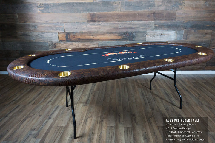 The Aces Pro Tournament Custom Poker Table With Exotic Vinyl Armrest, Brass Cupholders, Dealer Tray, and Custom Printed Playing Surface Hotwire Poker Club