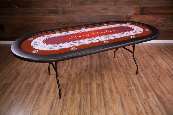 The Ultimate Custom Poker Table With Standard Black Vinyl Armrest, Stainless Steel Cupholders, and Custom Printed Playing Surface For The Flamingo Poker Club