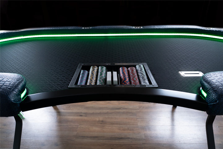 The Aces Pro Alpha Custom Poker Table Dealer Position With Dealer Tray Closeup.