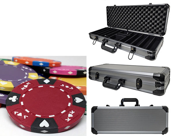 Ace king Suited style clay poker chips with a black and gray hard-shell case on a white background