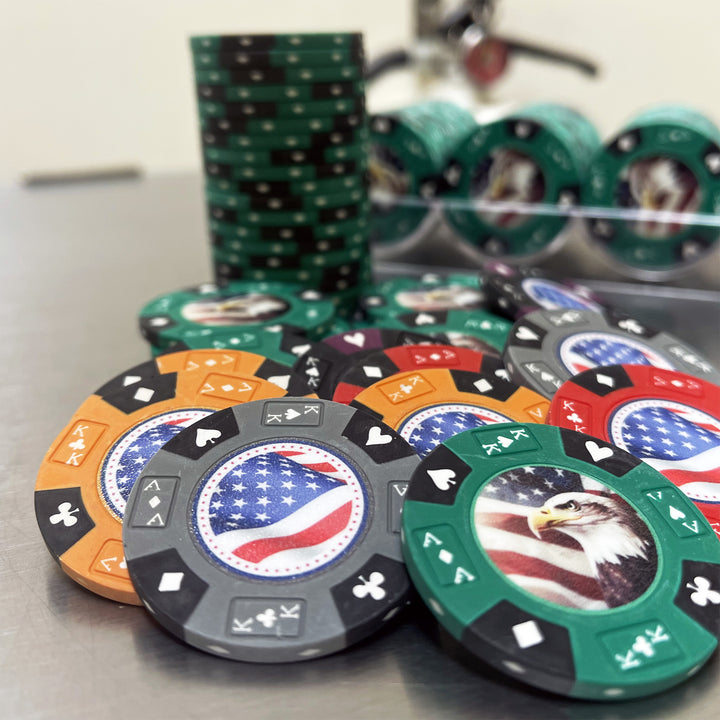 Prestige Series 14 Gram Clay Custom Poker Chips - AK & Suits - USA Themed