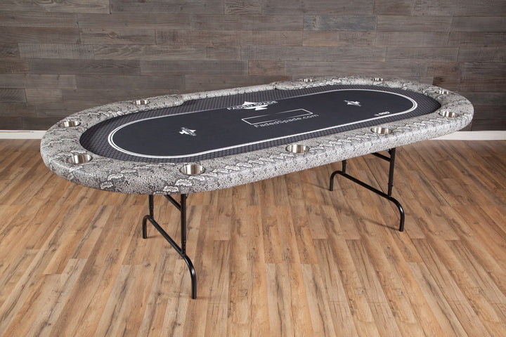 The Aces Pro Tournament Custom Poker Table With Exotic Vinyl Armrest, Stainless Steel Cupholders, and Custom Printed Playing Surface