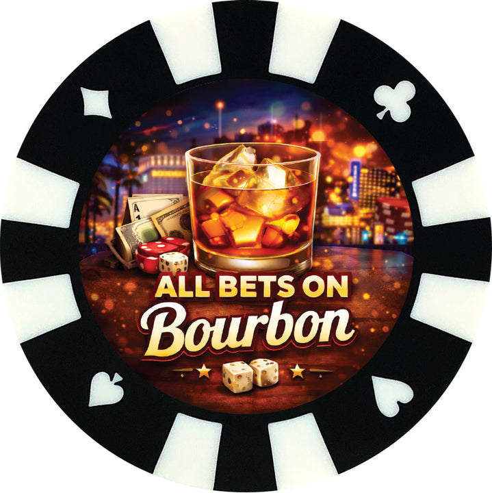 All bets on Bourbon giant poker chip drink coaster - black.
