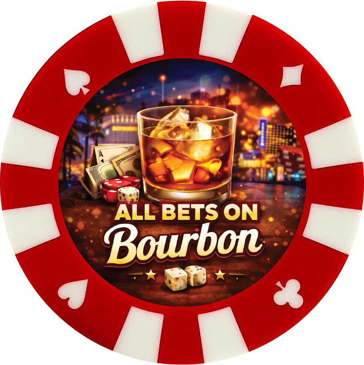 All bets on Bourbon giant poker chip drink coaster - red