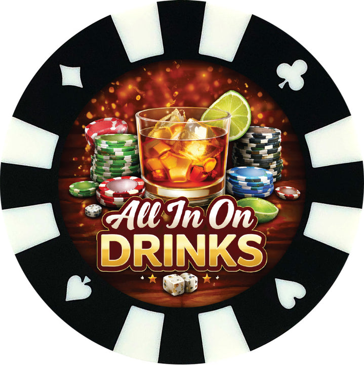 All In On Drinks giant poker chip drink coaster - black.