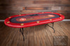 The Aces Pro Tournament Custom Poker Table With Exotic Vinyl Armrest, Brass Cupholders, Dealer Tray, and Custom Printed Playing Surface The Poker Lounge