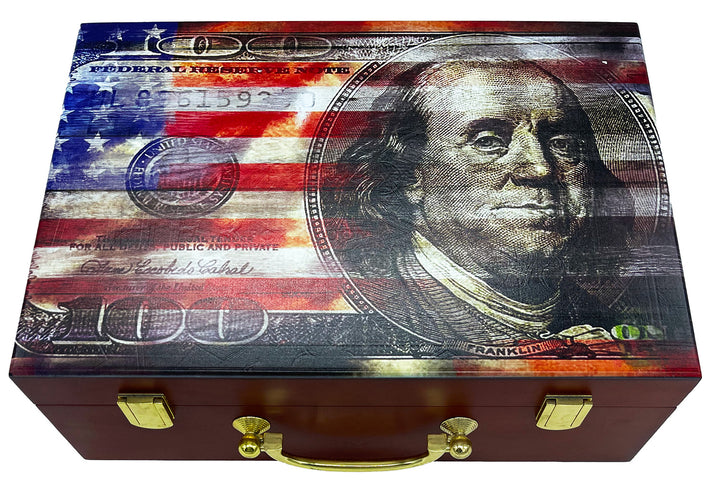 Dead Presidents -  Premium 500 Capacity Mahogany Wood Poker Chips Case - Front View