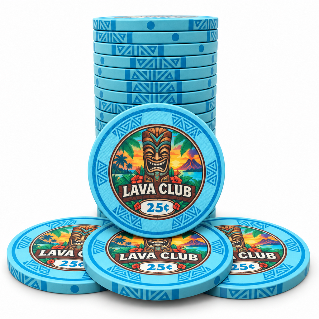 Lava Club ceramic poker chips, aqua color, 25-cent denomination