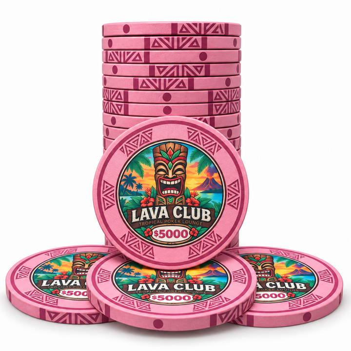 Lava Club ceramic poker chips, pink color, $5,000 denomination