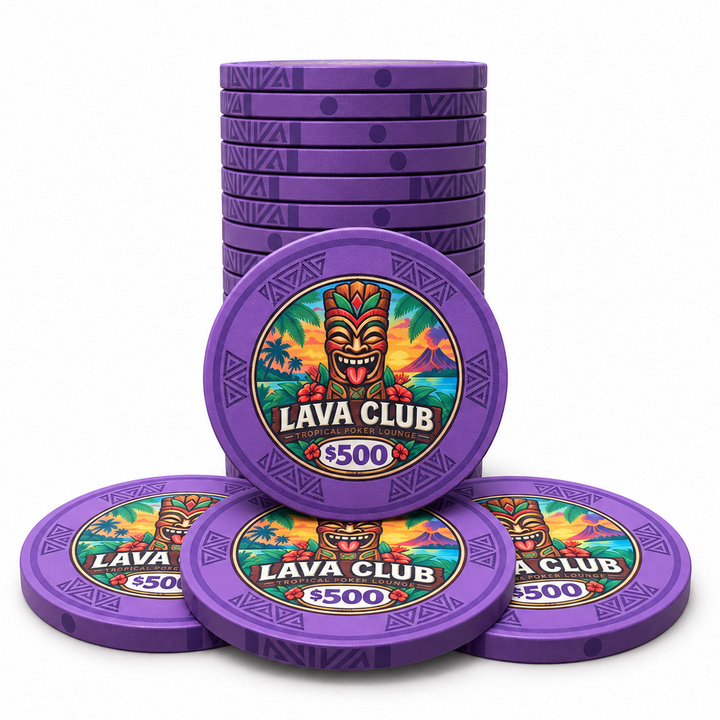 Lava Club ceramic poker chips, purple color, $500 denomination