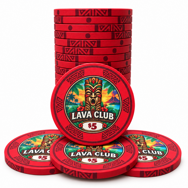 Lava Club ceramic poker chips, red color, $5 denomination