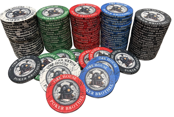 Custom ceramic poker chips. Ore House design.  