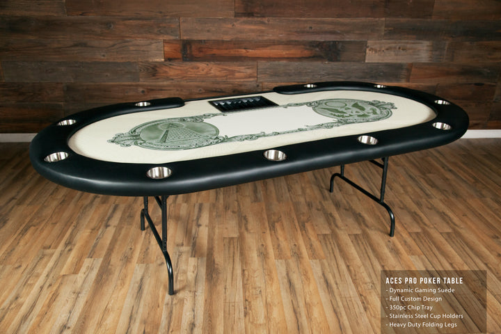 The Aces Pro Tournament Custom Poker Table With Standard Black Vinyl Armrest, Stainless Steel Cupholders, Dealer Tray, and Custom Printed Playing Surface Money.