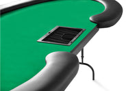The Prestige Folding Leg Custom Poker Table With Standard Black Vinyl Armrest, Dealer Tray, Without Cupholders, And Green Velveteen Playing Surface 