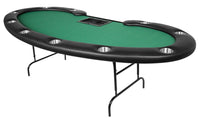 The Prestige Folding Leg Custom Poker Table With Standard Black Vinyl Armrest, Dealer Tray, Stainless Steel Cupholders, And Green Suited Speed Cloth Playing Surface 