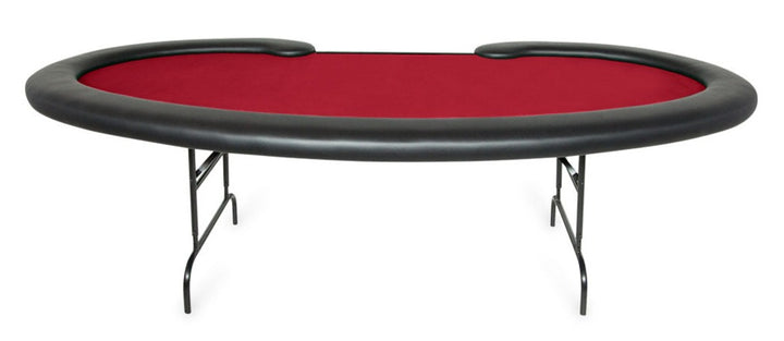 The Prestige Folding Leg Custom Poker Table With Standard Black Vinyl Armrest, Without Cupholders, And Red Velveteen Playing Surface 